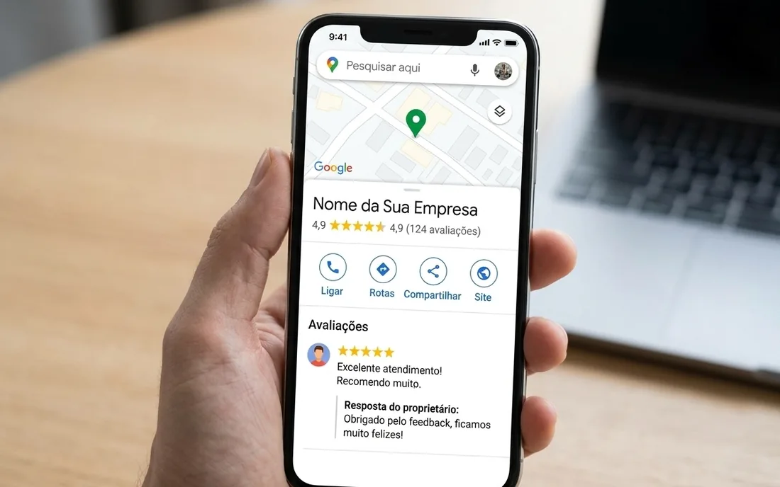 Celular com a ficha de uma empresa no Google Maps: nota, botões de ligar e de rota, e uma avaliação respondida pelo dono