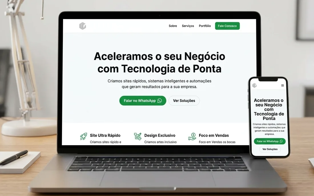 Notebook e celular abertos no mesmo site, com o botão de falar no WhatsApp